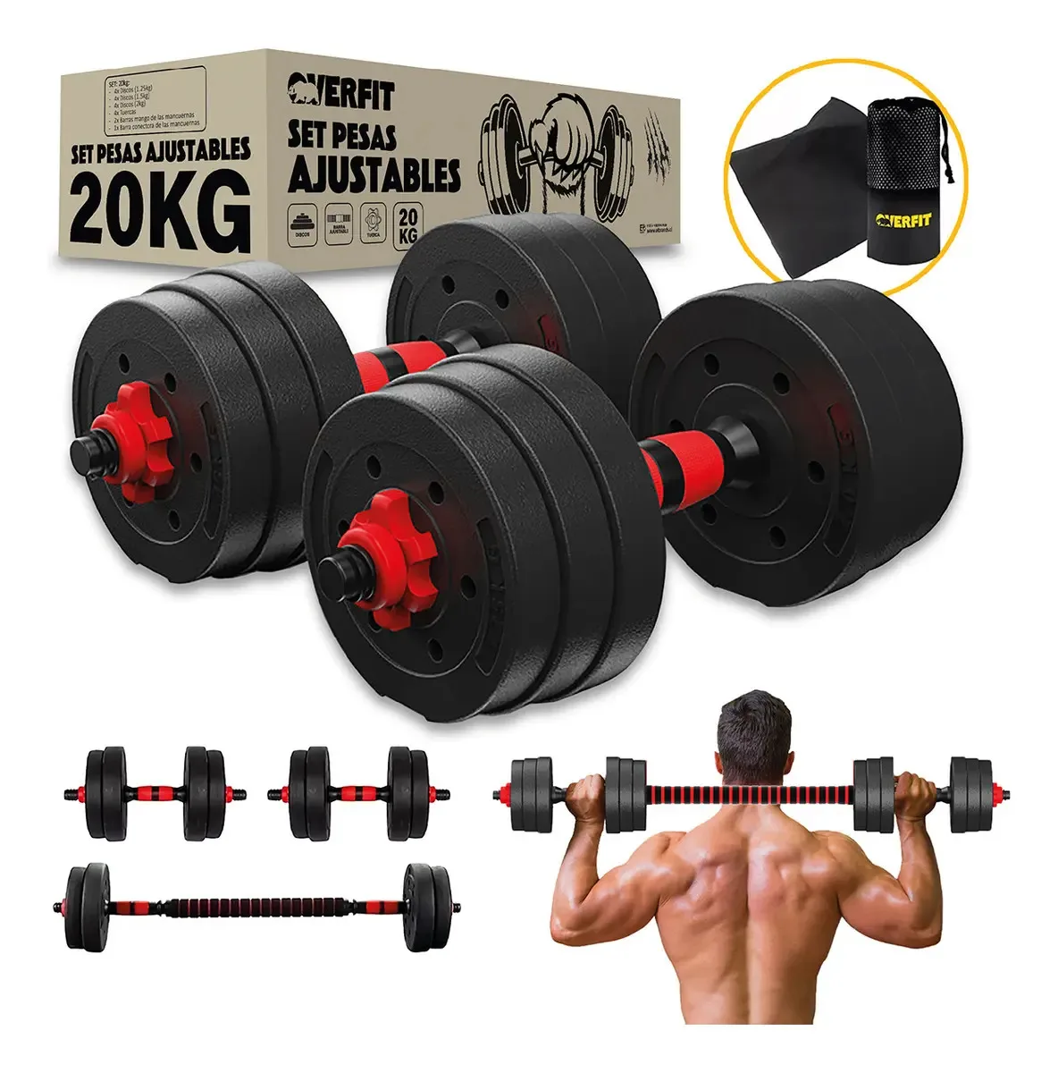 Overfit Set de Mancuernas y Barra Unibles 20 kg