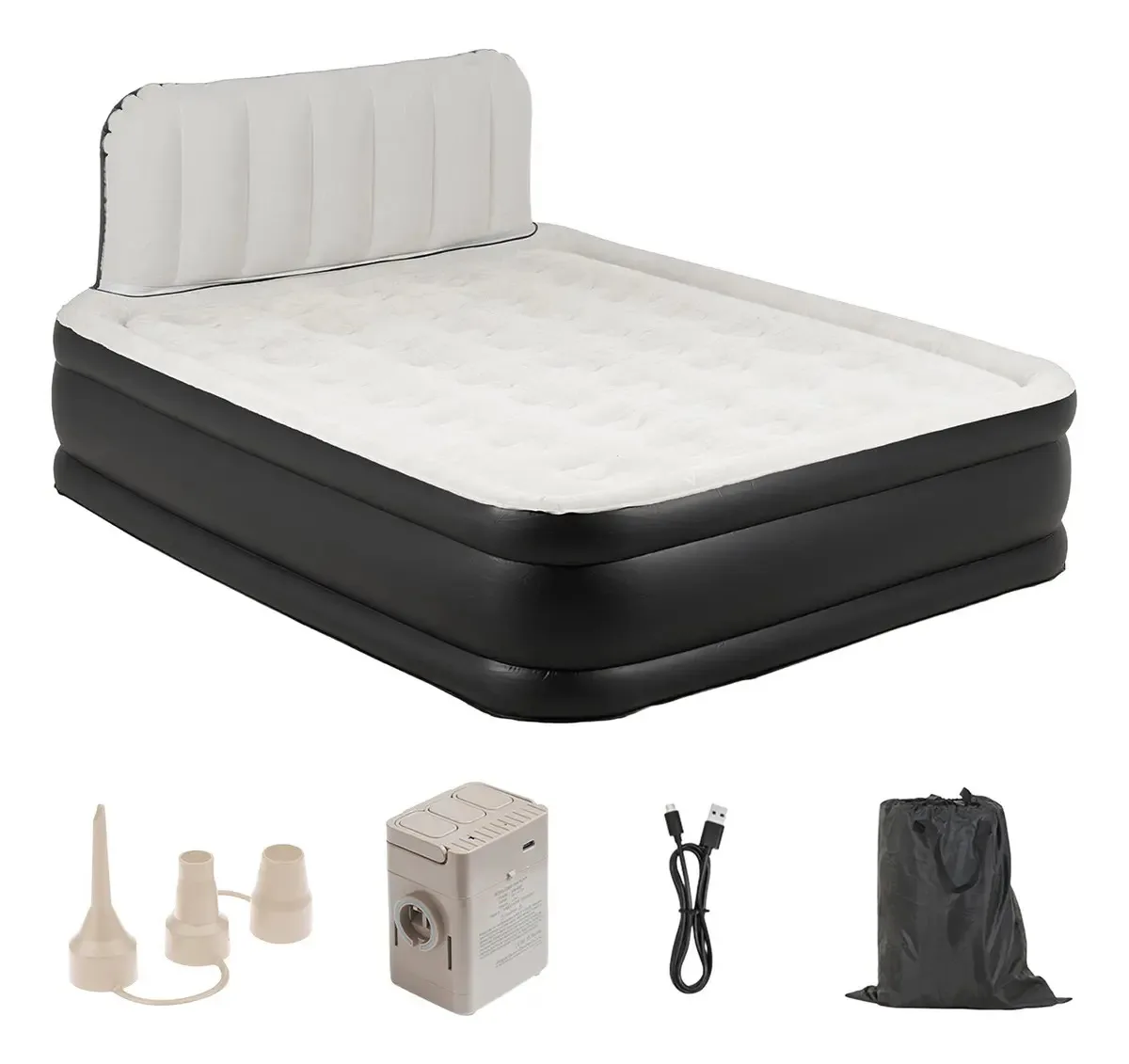 Colchón Inflable Eléctrico Automático Con Respaldo Queen 2 Plazas Bomba Recargable Cama Colchoneta Autoinflable Color Gris